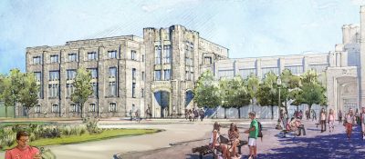 A rendering of the New Business Building, the second planned academic building for the Global Business and Analytics Complex. 